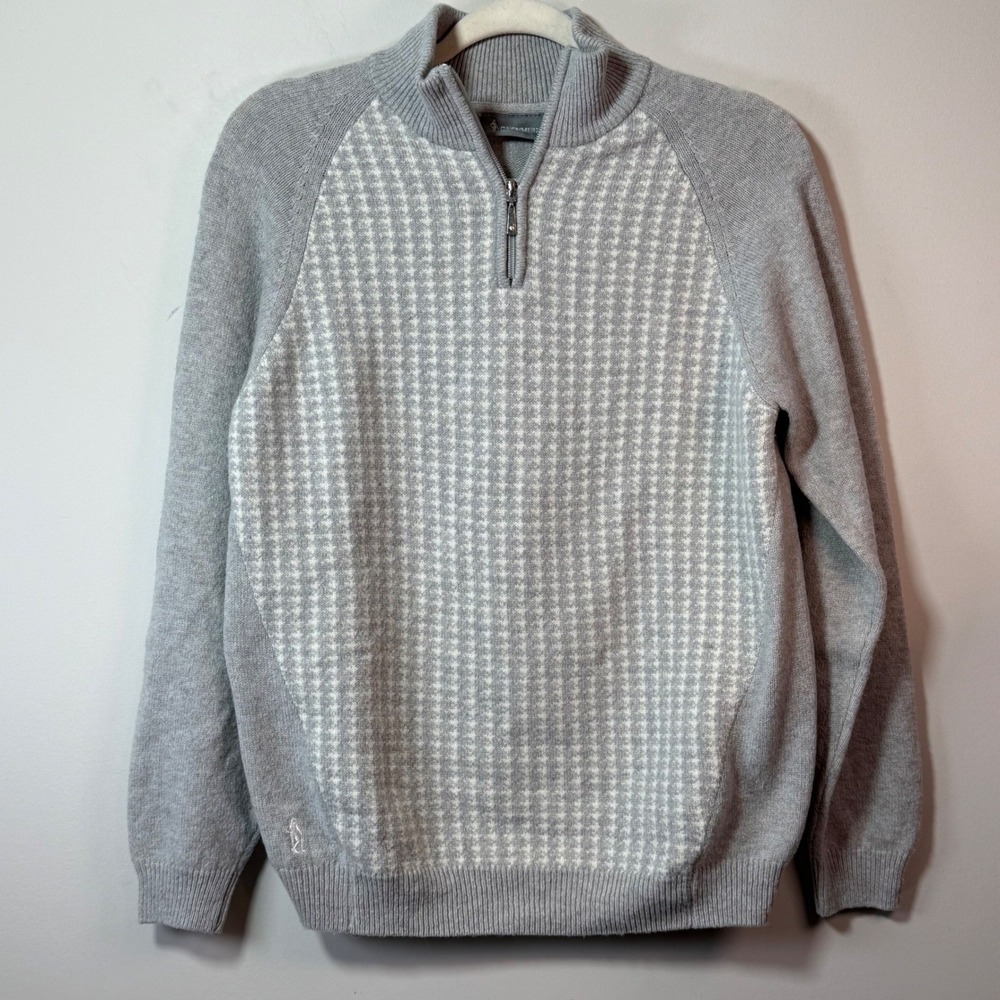 Glenmuir 1/4 Zip Sweater Men's Med Grey Lambswool Blend Houndstooth Golf Old $